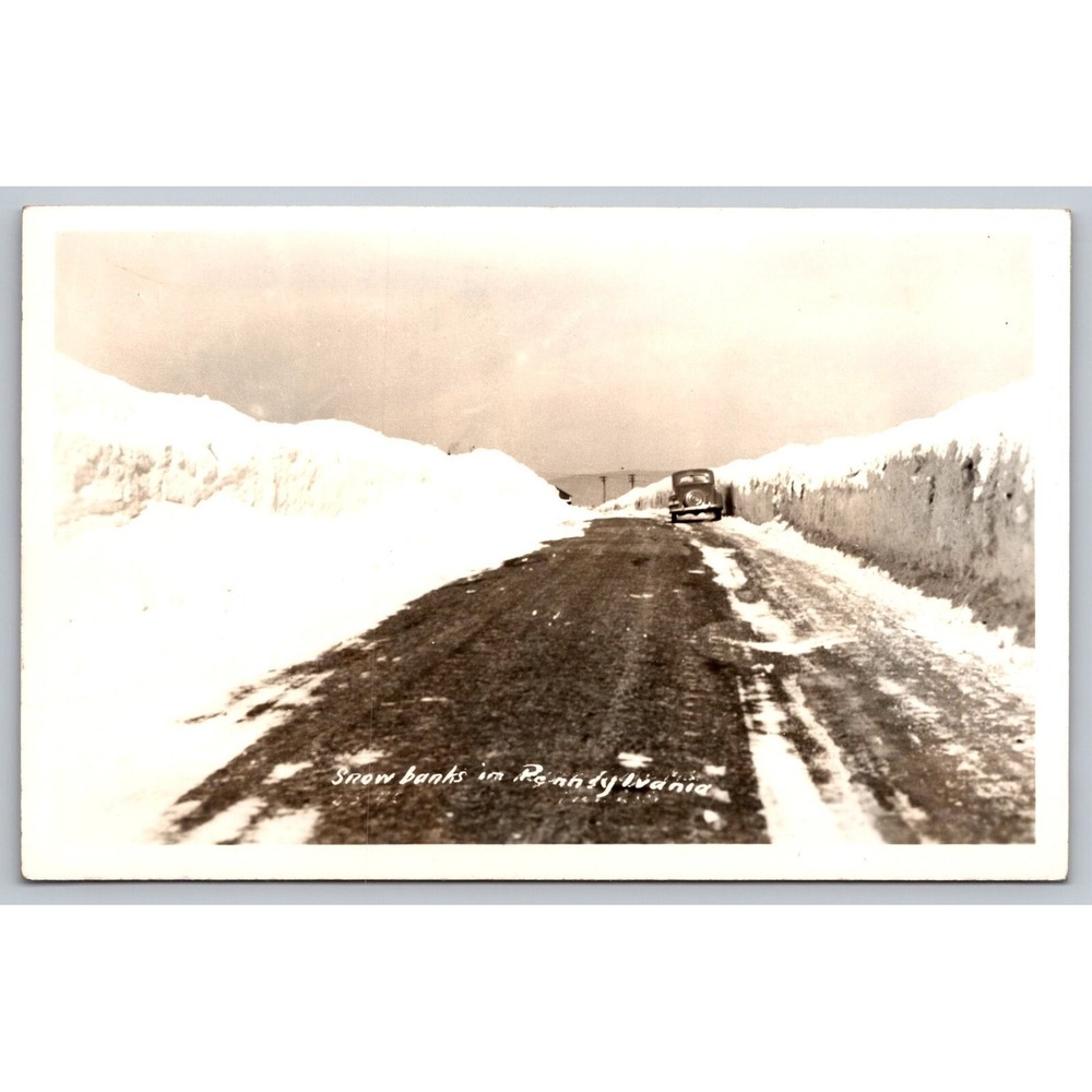 RPPC Snow banks in Pennsylvania winter scene old car vintage postcard